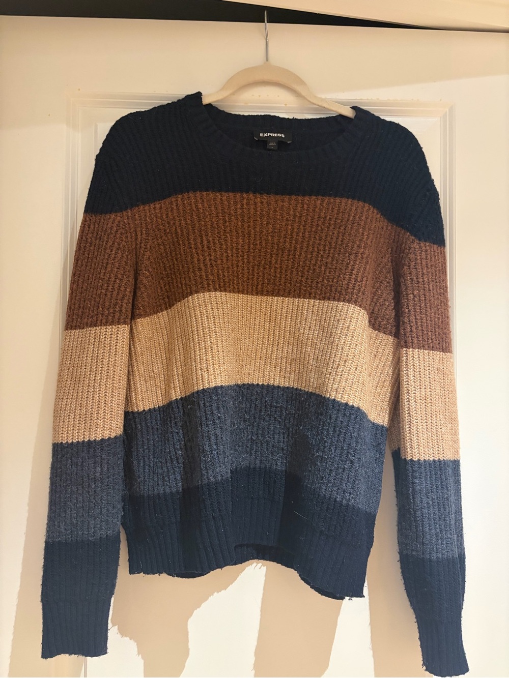 Men’s Express Colorblock Ribbed Knit Sweater - Navy, Brown, Cream